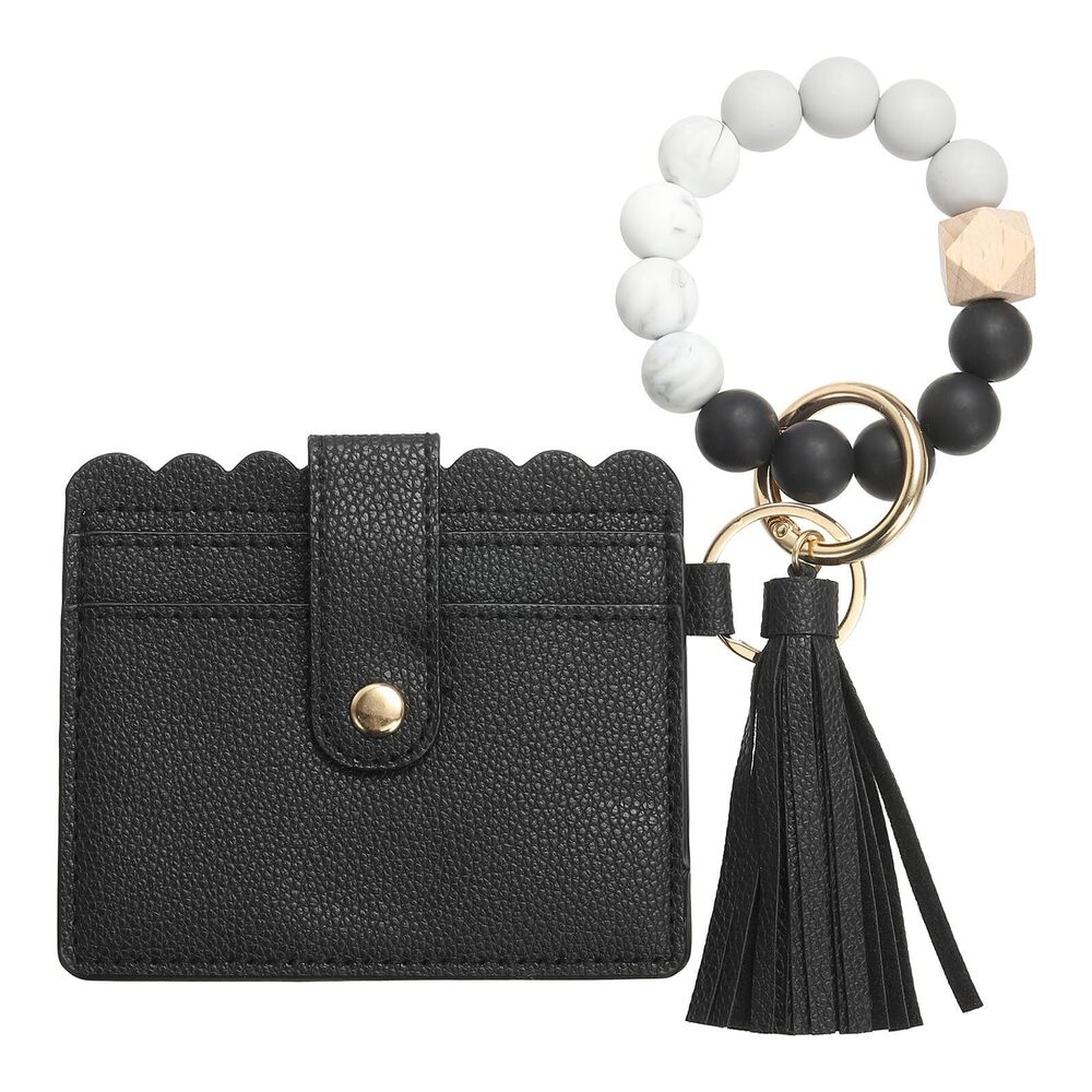 9394 Card Holder Wallet with Silicone Beaded Bracelet, Slim PU Leather